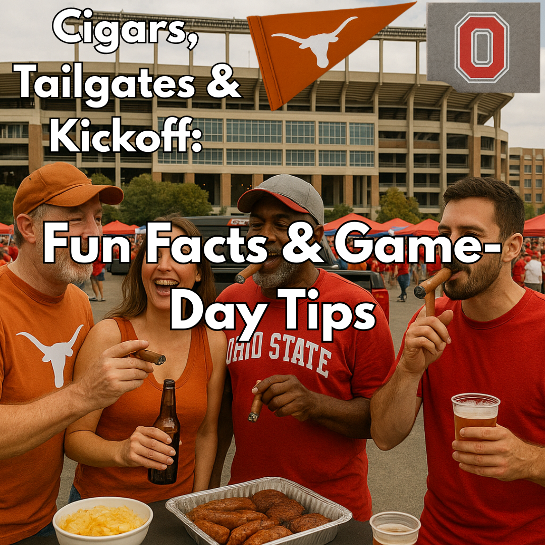 Fans in burnt orange grilling & smoking cigars, Longhorns vs Buckeyes vibe.