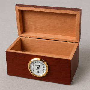 Desktop humidor with hygrometer showing 70 percent humidity.