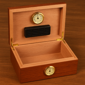 Open desktop humidor prepared for seasoning with hygrometer and humidification device.